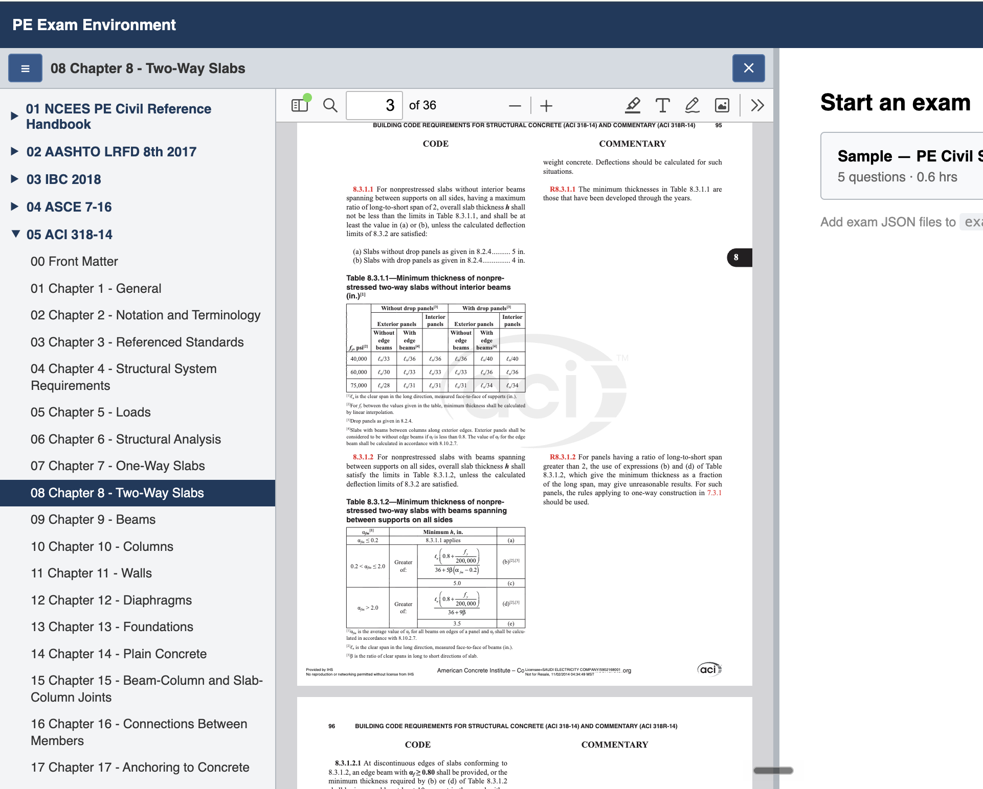PE Civil Structural Exam Environment with loaded reference materials